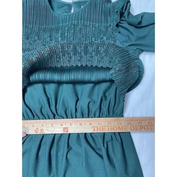 Vintage Good Times Dress 10P Blouson Green Midi Crinkle Pleated Lace 80s Retro - Picture 9 of 10